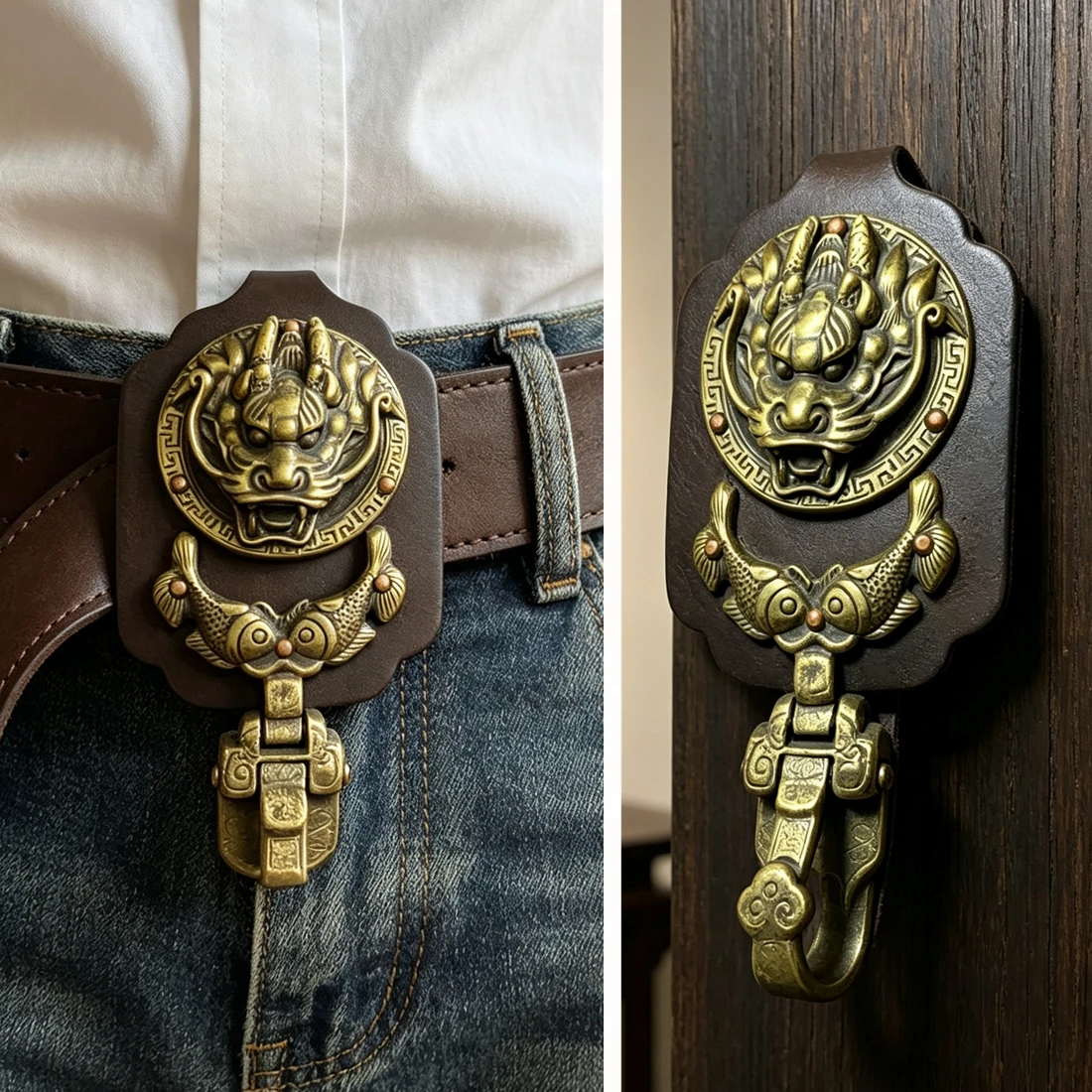 Vintage Brass Dragon Fish Statue Metal Craft Ornament Desktop Home Decor Pendant Men Gift Cowhide Belt Buckle ﻿ ﻿