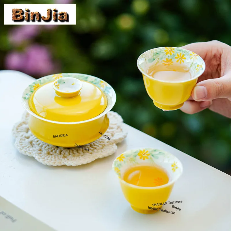 Egg Yolk Glaze Hand Painted Daisy Tea Set Complete Set Elegant Tea Ceremony Set Teapot And Tea Cup Set Cafes Collection Craft