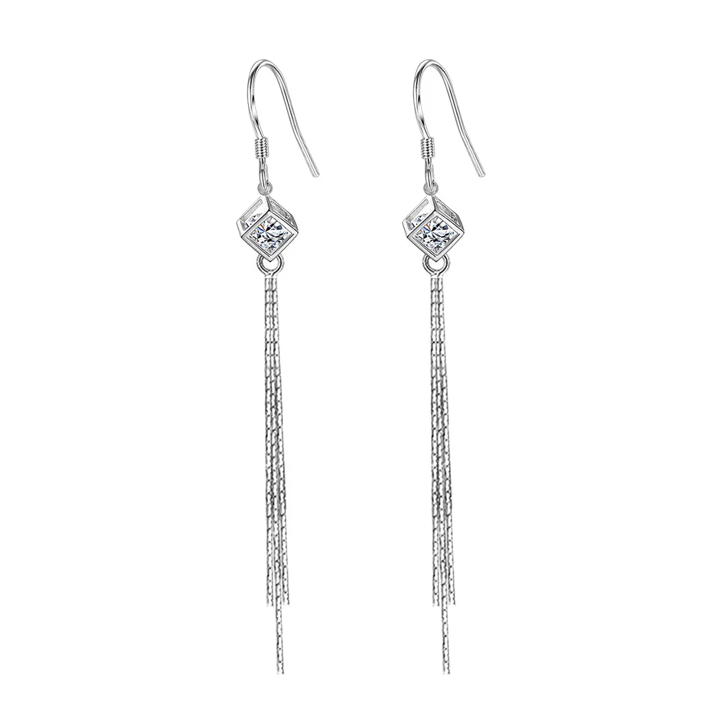 Solid 925 Sterling Silver Long Chain Hollow Square Box Crystal Zircon Drop Earrings For Women New Jewelry Fashion XY0065