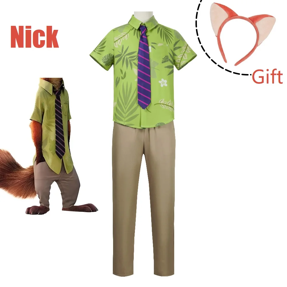 

NEW Fox Nick Wilde Cosplay costume for Men Children Halloween Green Leaves Printed Summer Casual shirt and Necktie hair band
