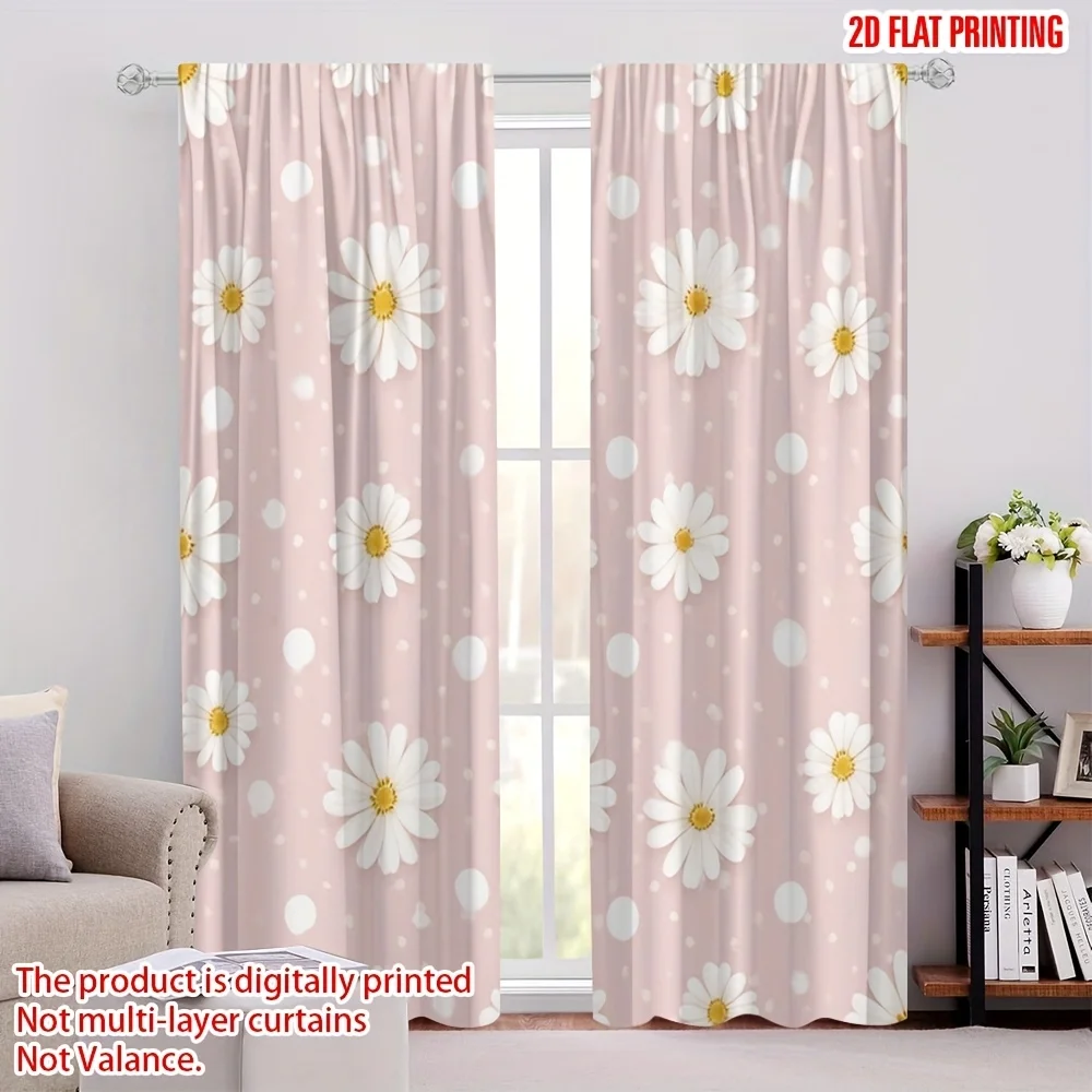 2PCS Digital Print Curtains Pink Daisy Polka Dot Cute Rod Pocket