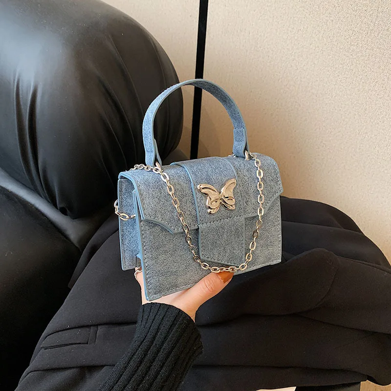 Vintage Blue Cute Butterfly Ladies Handbag Girls New Fashion Mini Square Bag Premium Hundred Chain Shoulder Crossbody Bag Car St