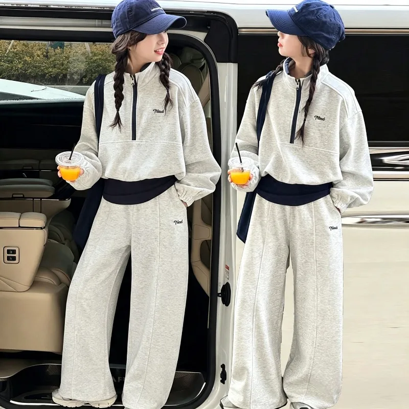 UNITIM Teenager-Mädchen-Zweiteiler-Set, Herbst, Kinder-Mädchen-Stehkragen-Sweatshirt, Trainingsanzug, lockere Sporthose für Kinder, Mädchen – Detail 6
