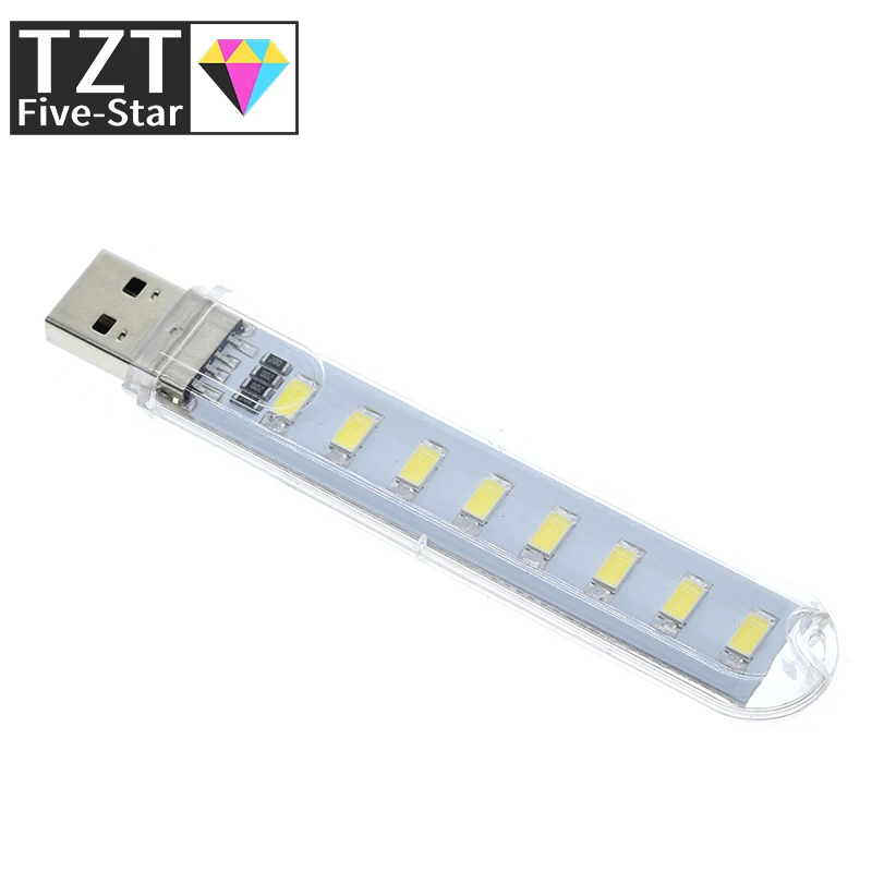 TZT Mini Protable USB Night light 8leds 5730 SMD Book lights 5V For PC Laptops Computer Mobile Power Camping lamp  white color