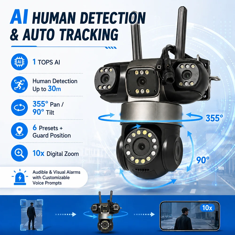 8MP 4*1080P WiFi IP Camera PTZ Four Screens Outdoor CCTV Security Surveillance Camera Night Vision Monitor 3D Space P6SLite App