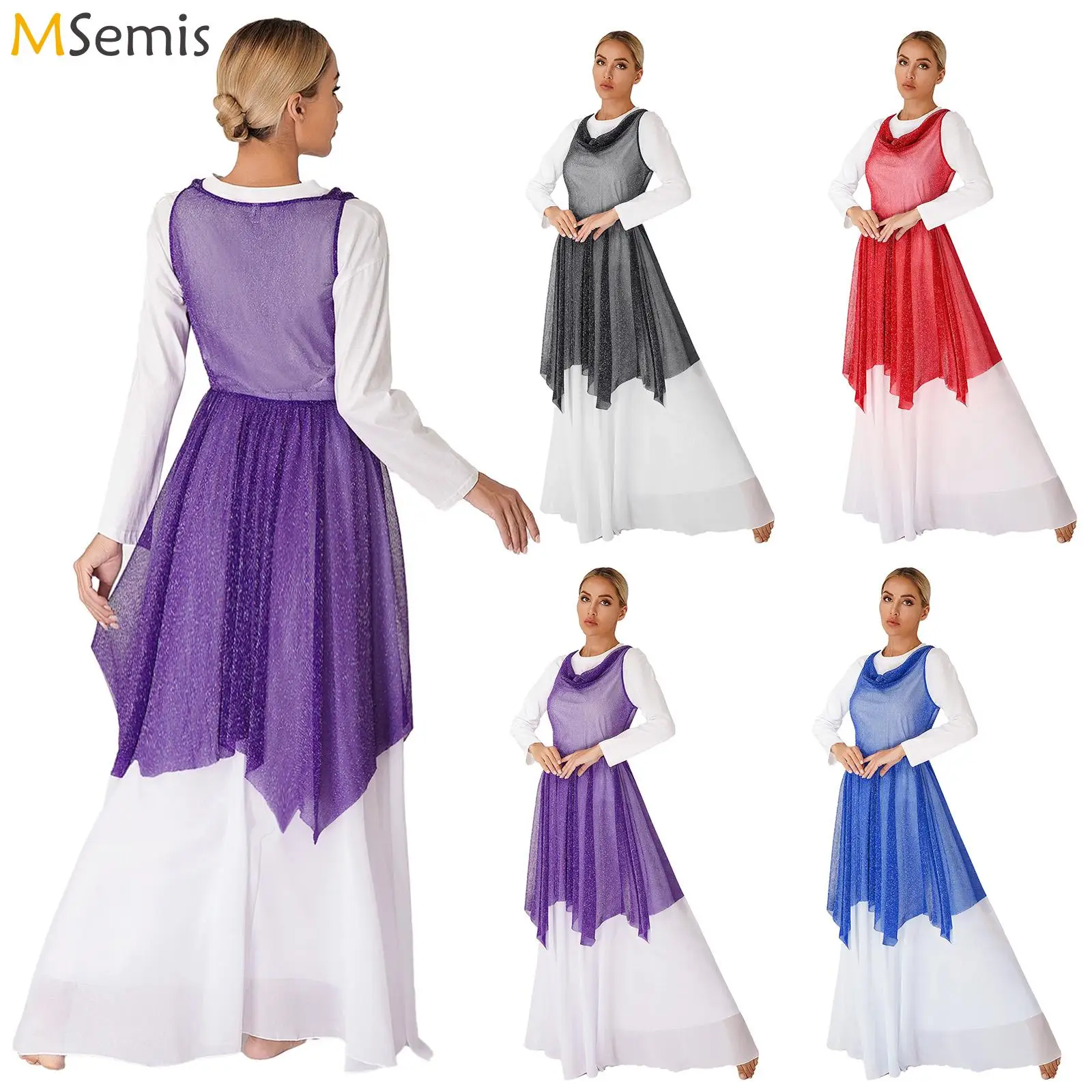 

Ballet Leotard Dress Women Draped Neck Shimmer Praise Dance Tunic Liturgical Worship Robe Mesh Splice Lyrical Dance Costumes