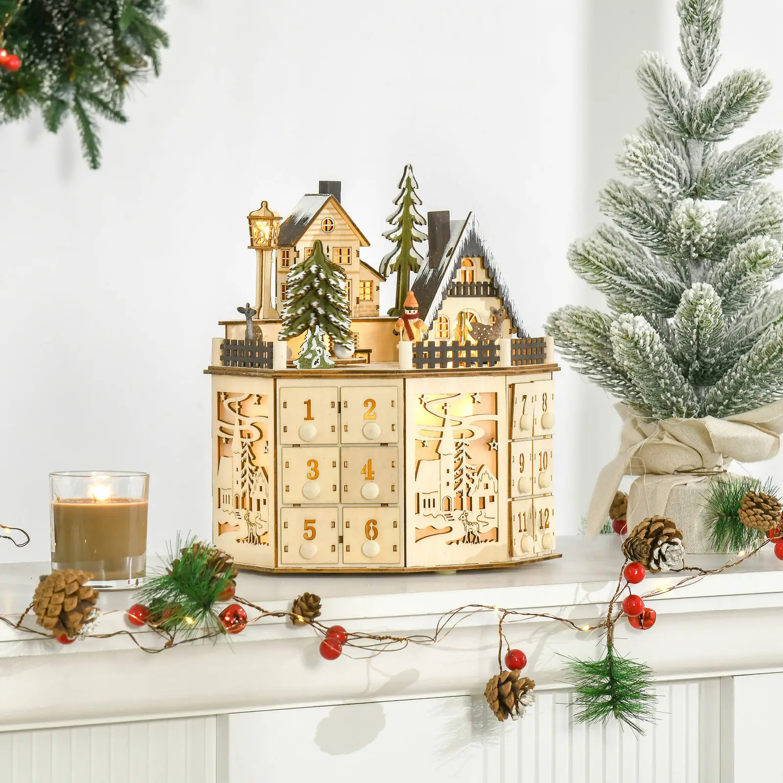 Wooden Christmas 24 Countdown Advent Music Calendar, Wooden Christmas Advent Village Scene Ornament