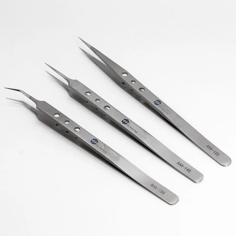 AAA-12S AAA-14S AAA-15S Stainless Steel Tweezers Precision Curved and Straight Lengthened Tip Non-Magnetic Forceps Repair Tool