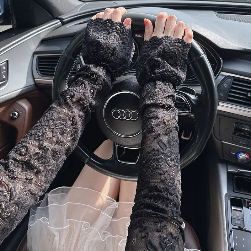Elegant Lace หวานหลวมแขนผู้หญิง Floral Hollow Out แขนยาวฤดูร้อนครีมกันแดดกลางแจ้ง Fingerless ถุงมือขับรถ