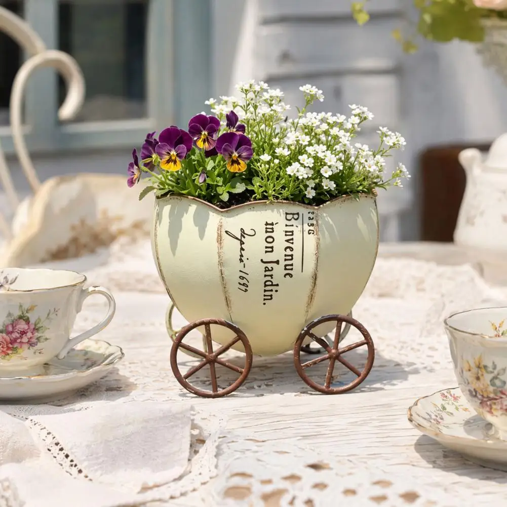 Decorative Flower Pot Durable Flower Pot Retro Pumpkin Cart Planter Decorative Metal Flowerpot with Drainage Hole for Home