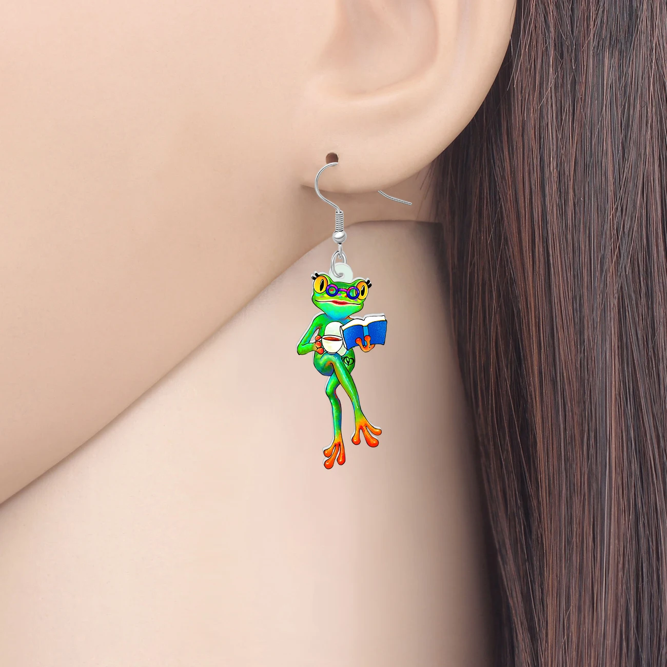 BONSNY Acrylic Creative Frog Drop Earrings Elegant Reading Book Animals Jewelry Appreciation Gifts For Women Mom Teachers Reader