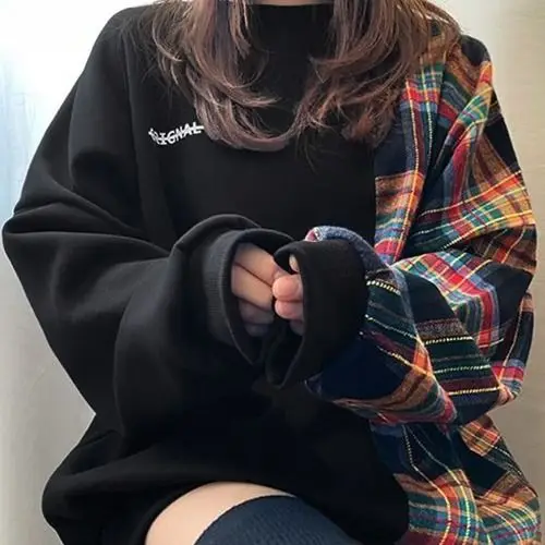 Round Neck Pullover Sweatshirt With Plaid Splicing Design 2024 Autumn Korean Style Niche Loose =High-End Long-Sleeved Top