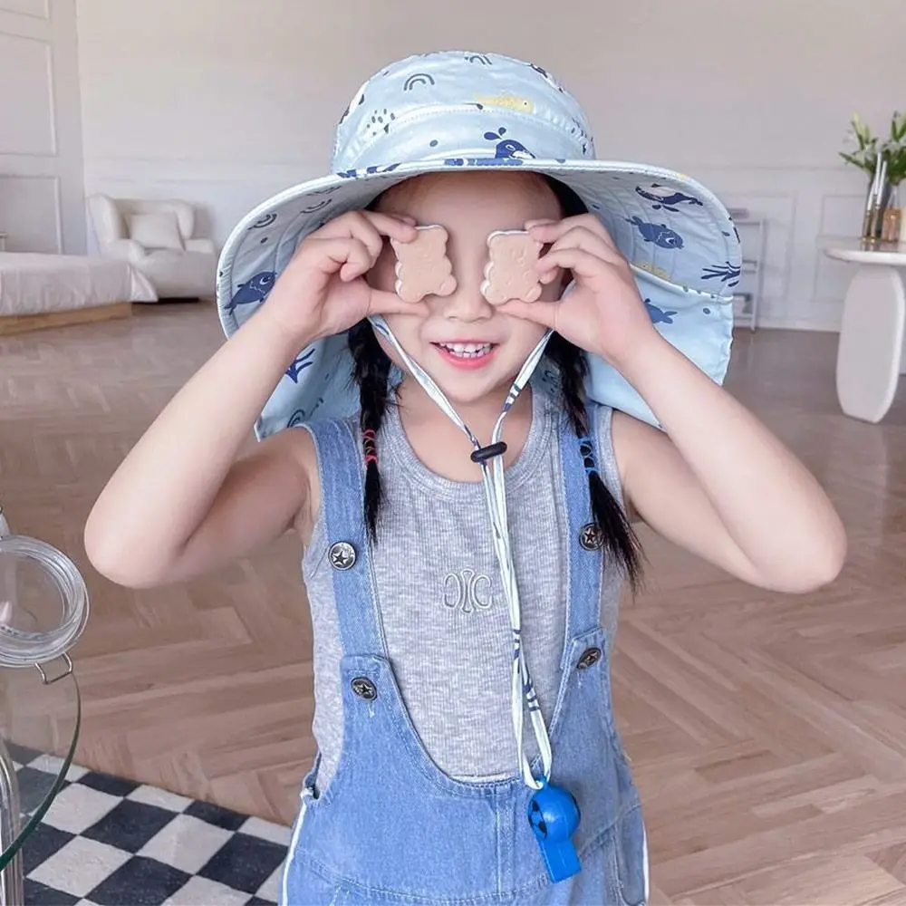 Summer Baby Sun Hat Bucket Cap With Whistle For Girls Boys Outdoor Neck Ear Cover Anti UV Kids Beach Caps