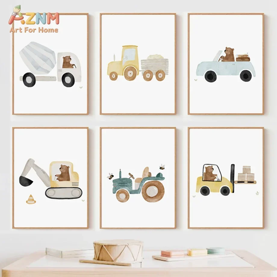 AZNM Cartoon Bear Construction Vehicle Canvas Wall Art Tractor Excavator Truck Watercolor Illustration Kids Nursery Art Print Fr
