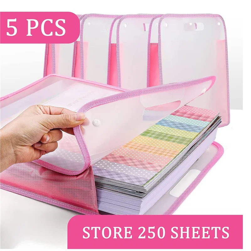 

5 Pack Scrapbook Paper Organizer, Pink Expanding Paper Folio, Portable Scrapbook Paper Storage With Button Closure