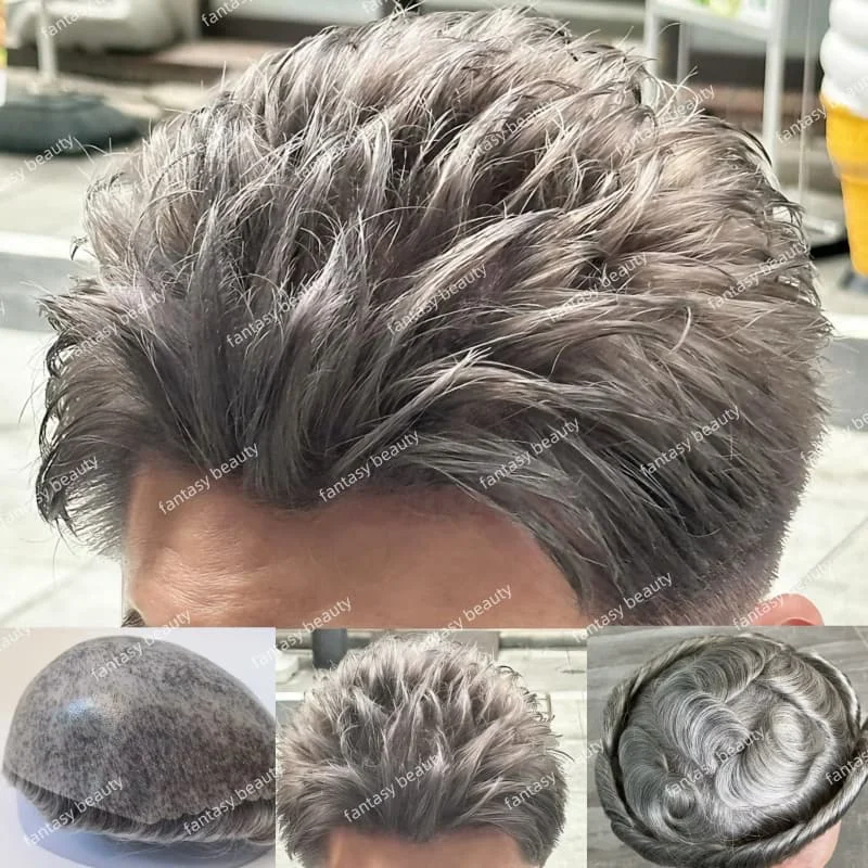

Cheapest Injection Microskin Men Toupee Durable full pu 0.1-0.12mm thin skin Male Wig 1B50 1B65 1B80 white gray black Human hair