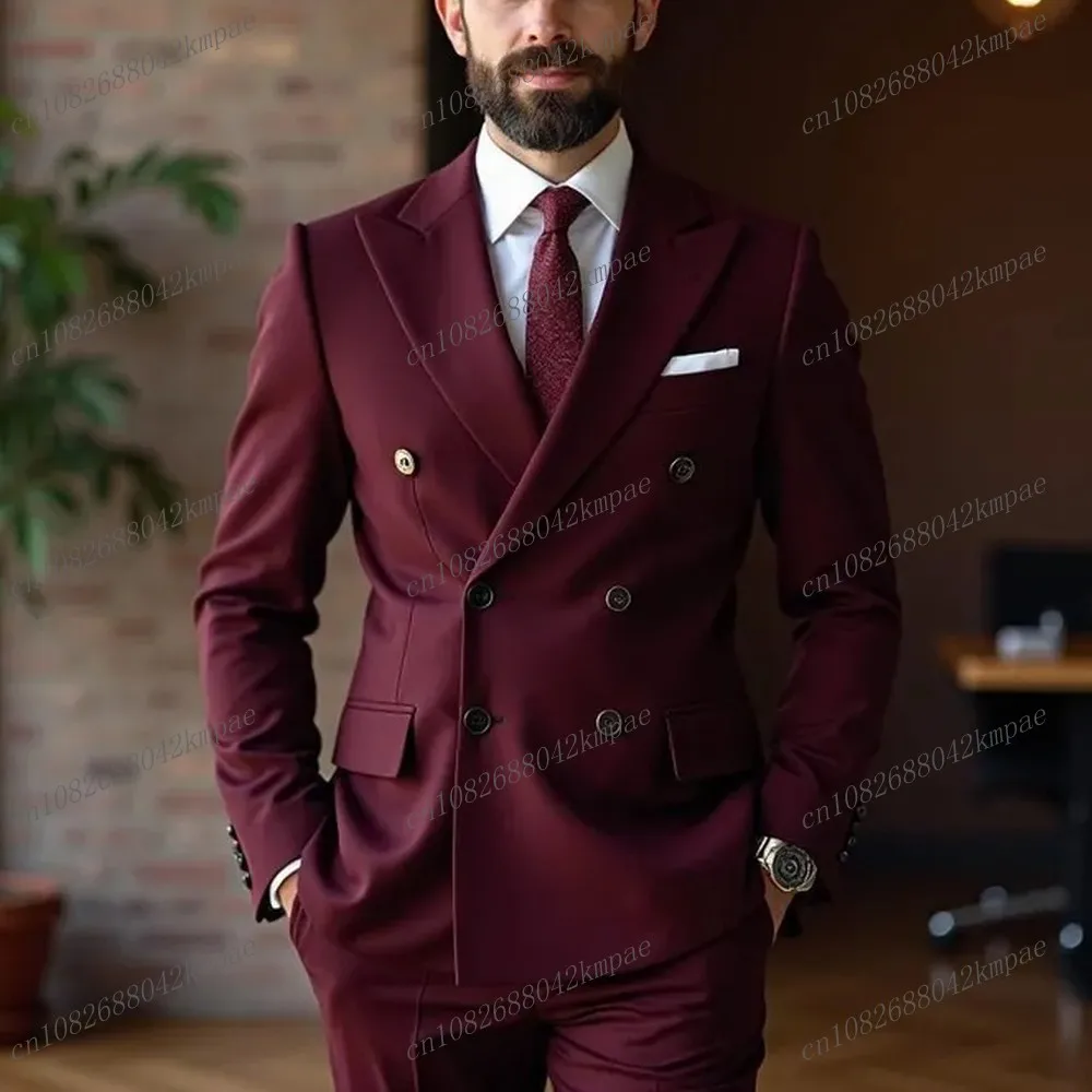 

New Burgundy Formal Occasion Men Business Suit Groom Groomsman Wedding Party Prom Male Tuxedos 2 Piece Set Blazer Pants