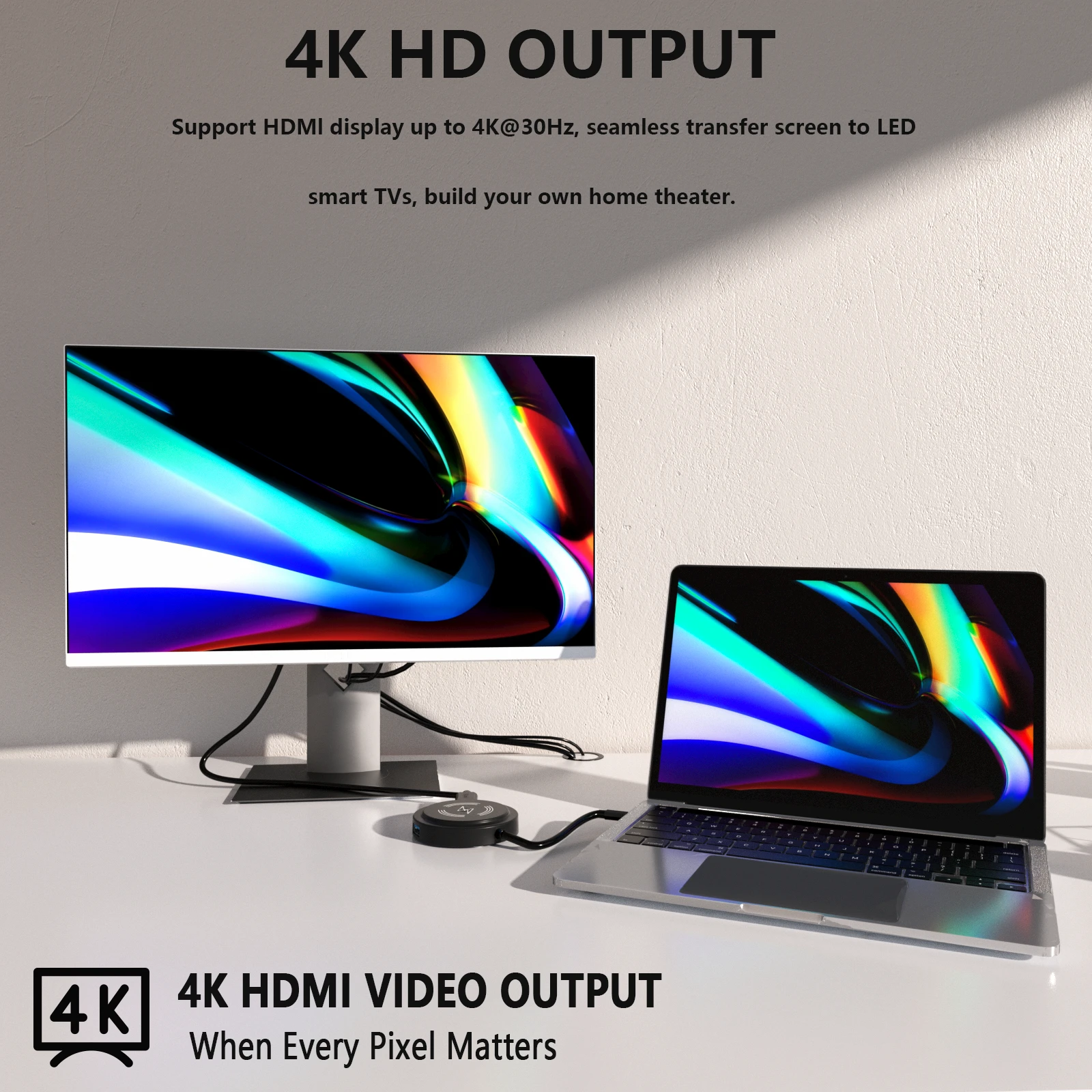 FC&EC 6-in-1 Docking Station USB-C Hub with 15W Wireless Charger Typce-C Adapter USB 3.0 HDMI 4K PD 100W for Notebook Tablet Pho