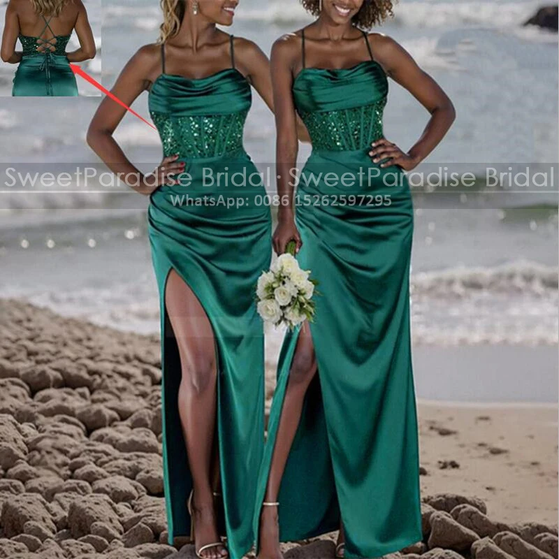 Customized Sequins Mermaid Bridesmaid Dresses Long High Slit Spaghetti Straps Cross Strappy Back Wedding Party Dress