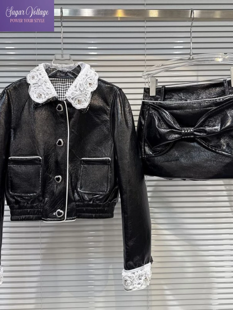 

Винтажная кожаная куртка Y2K из искусственной кожи и мини-юбка с бантом, женский зимний комплект с кружевным воротником и пуговицами, милая крутая уличная модная одежда