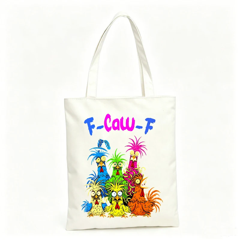 Women's canvas tote bag with colorful chicken graphic and letter print, ideal for casual daily use and shopping outings