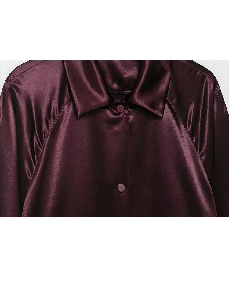 HH المرأة الخريف موضة خمر التلبيب واحدة الصدر قميص فضفاض سترة الإناث الحرير الساتان محكم معطف طويل الأكمام Mujer #3