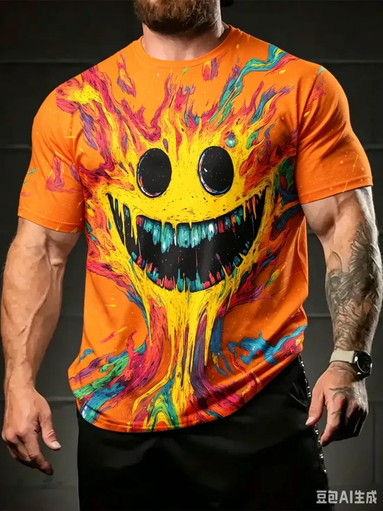 Modisches Cooles Gruseliges Lächeln Grafik-T-Shirt für Männer 3D Regenbogen-Feuer-Print T-Shirt Horror Herren Streetwear Sommer Casual Tee Tops