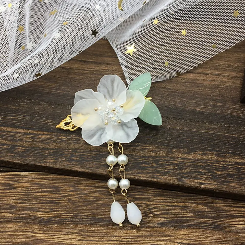 Chinese Style Girls Hair Pin Children Green Leaf Side Clip Wedding Party Duckbill Clip White Crystal Flower Hair Clips