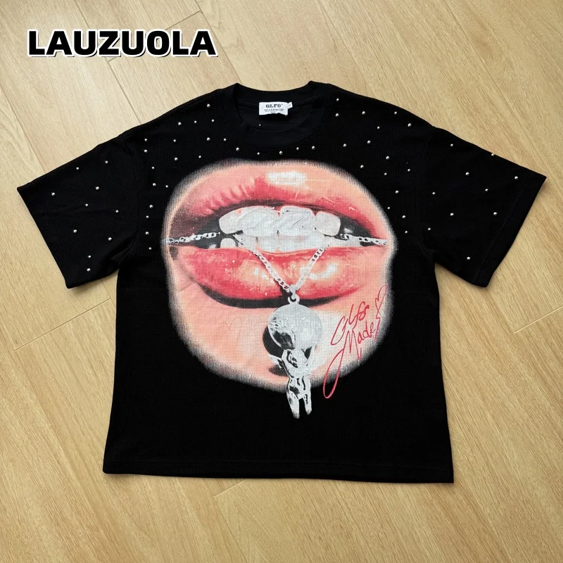 Men Rhinestone Studded T Shirt Big Lips Graphic Print Oversized Short Sleeve Tee Hip Hop Streetwear Unisex Black Casual Top