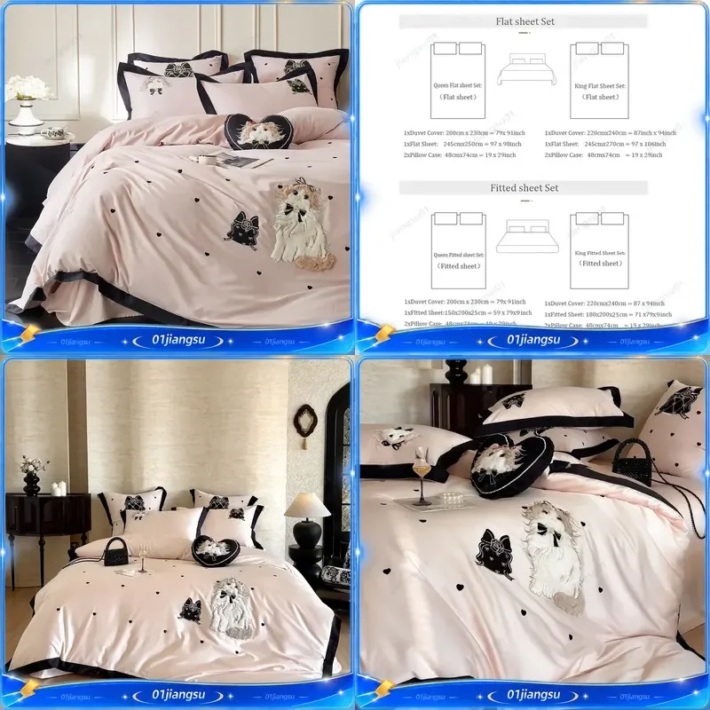 Pink Cute Cat Embroidery Black Wide Edge Luxury Bedding Set Egyptian Cotton Duvet Cover Flat Fitted Bed Sheet Pillowcases