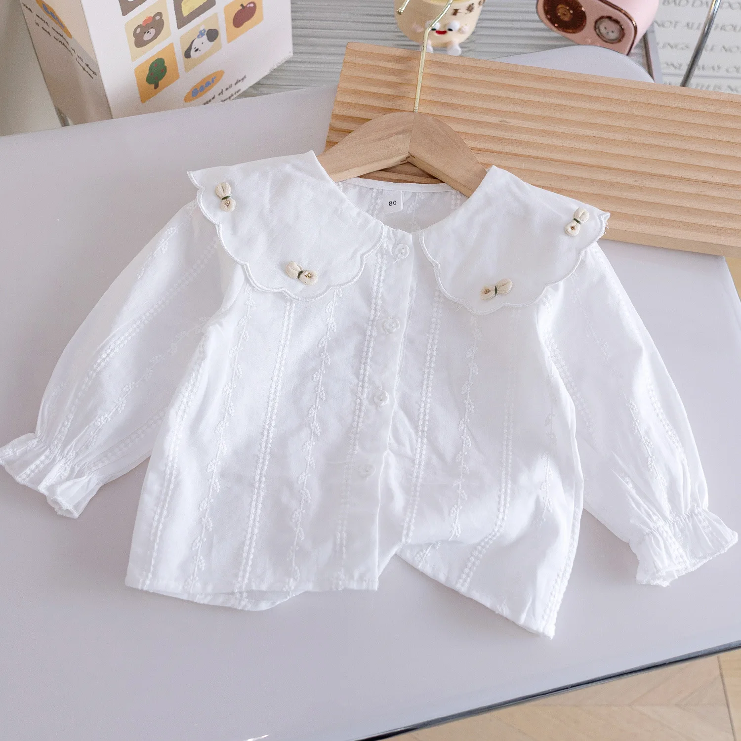 

Girls White Shirt 2026 Spring and Autumn New Cotton Korean Shirt Girls Baby Peter Pan Collar Western Style Bow Top