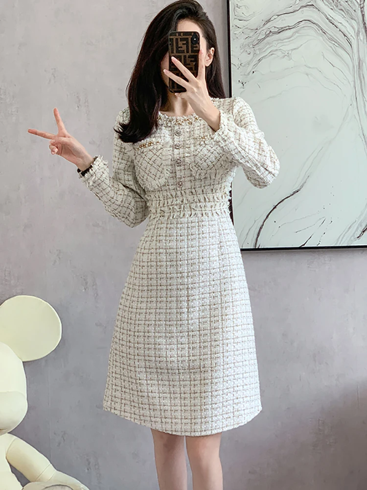 

Autumn Winter Plaid Tweed Thick Warm Midi Dress Women Korean Elegant Bodycon Prom Dress 2024 Fashion Chic Luxury Party Vestidos