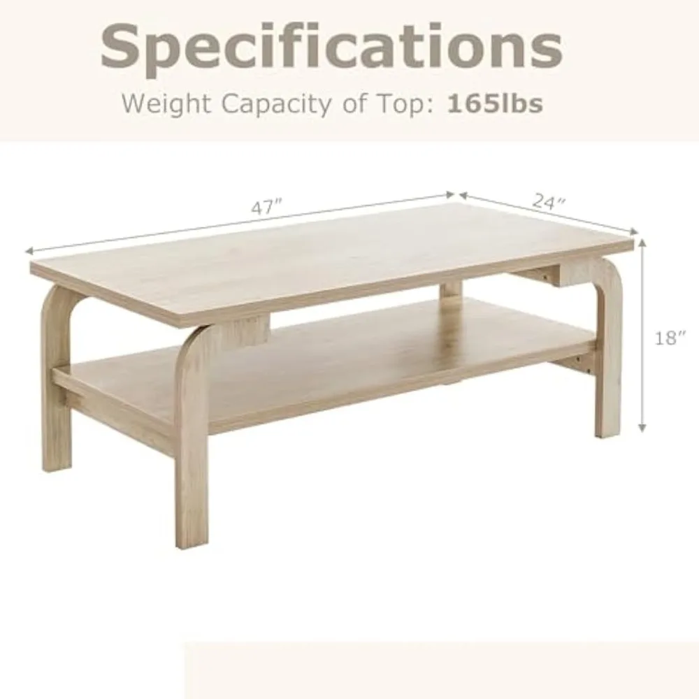 2-Tier Coffee Table with Storage, 47” Mid Century Rectangle Accent Table with Open Shelf, Large Tabletop & Curved Legs,