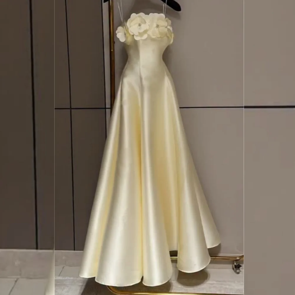 

Customized Elegant Charmeuse Flower Pleat A-line Spaghetti Strap Long Dresses Bespoke Occasion Pastrol