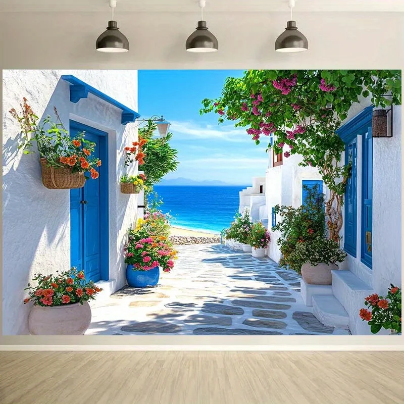 1pc Greek Island Coastal Landscape Background - Vibrant Flowers, Blue Portal, and Sea View Fabric