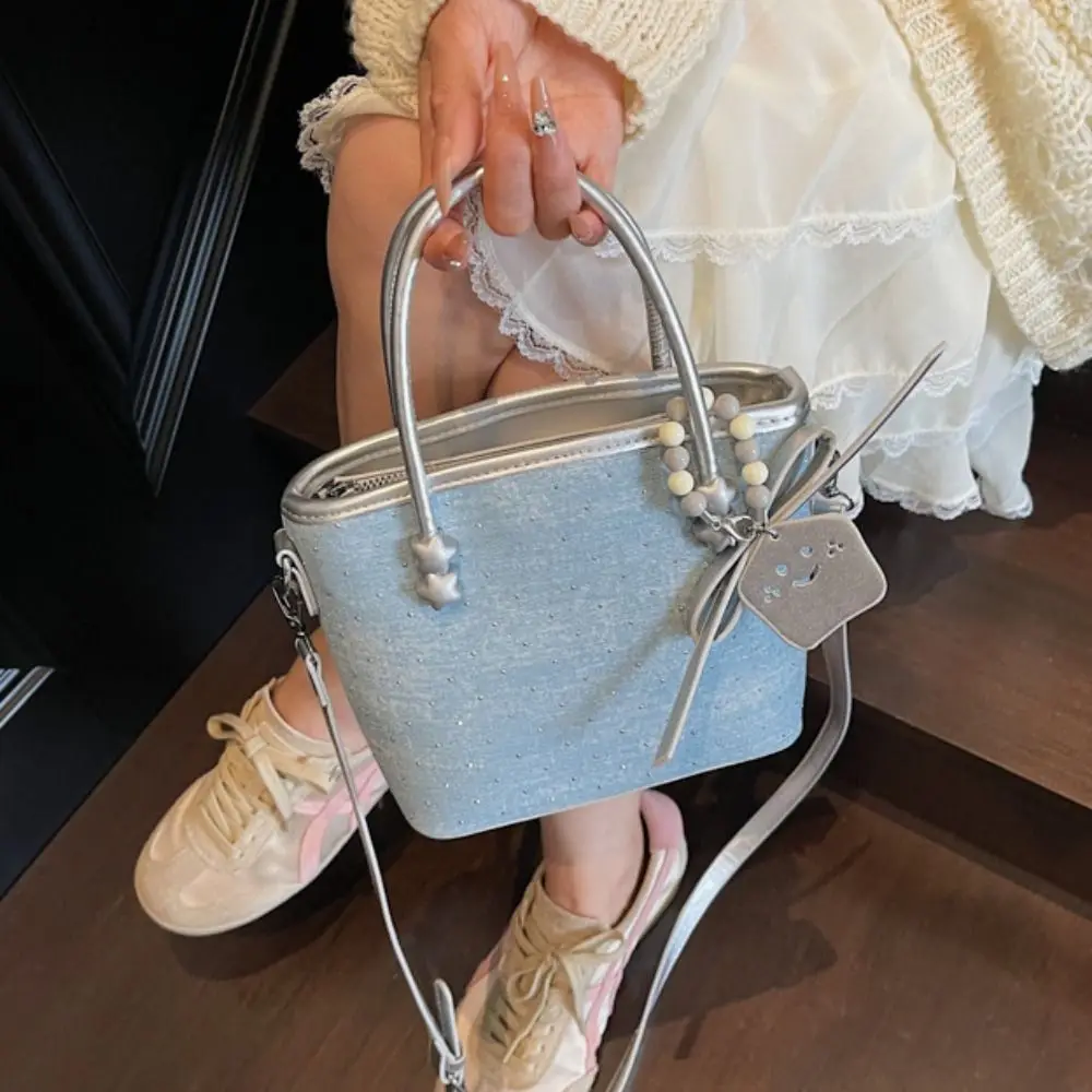 

Повседневная минималистичная джинсовая сумка-мешок, элегантная корейская сумка через плечо с цветными блоками и стразами, женская портативная сумка