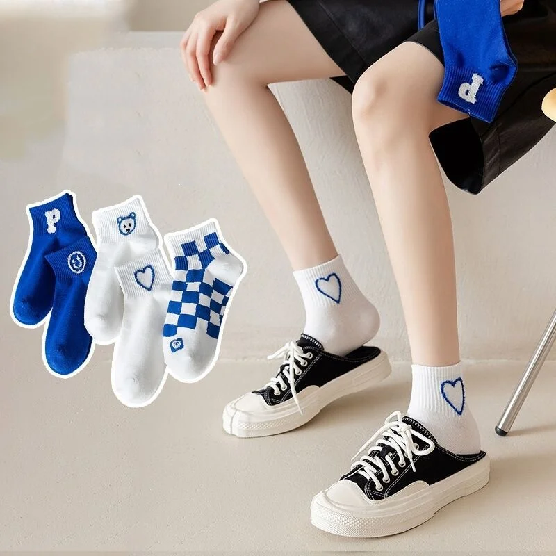 5 Pairs Of Klein Blue Womens Funny Cartoon Spring And Autumn Socks Harajuku Style Leisure Checked Boat Socks