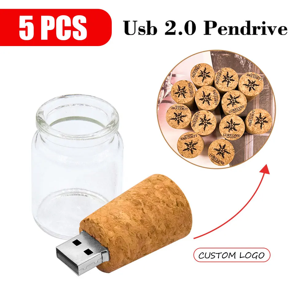 5pcs Free LOGO Wooden Box + Glass Bottle 2.0 USB Flash Drive Pen Drive Pendrive External Storage Memory Stick 4 8 16 32 64GB