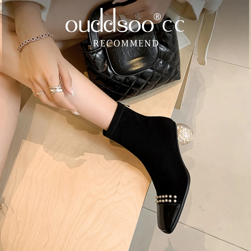 Ods جلد طبيعي الكاحل قطيع عالية الكعب الحديثة تمتد أحذية الشتاء أحذية دافئة اللؤلؤ مكتب سيدة غريبة نمط المرأة Bootie #3