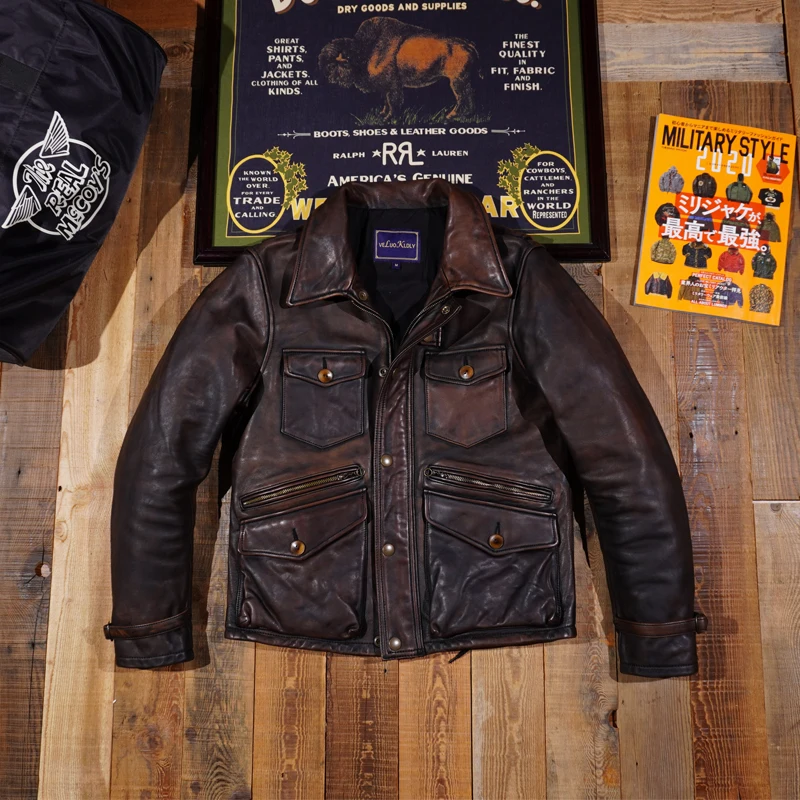 

RL Hunting Suit, Heavy Wash, Distressed, Heavy, Tea, Core, Horseskin, Leather Jacket, Men's Biker Jacket, Multi-pocket