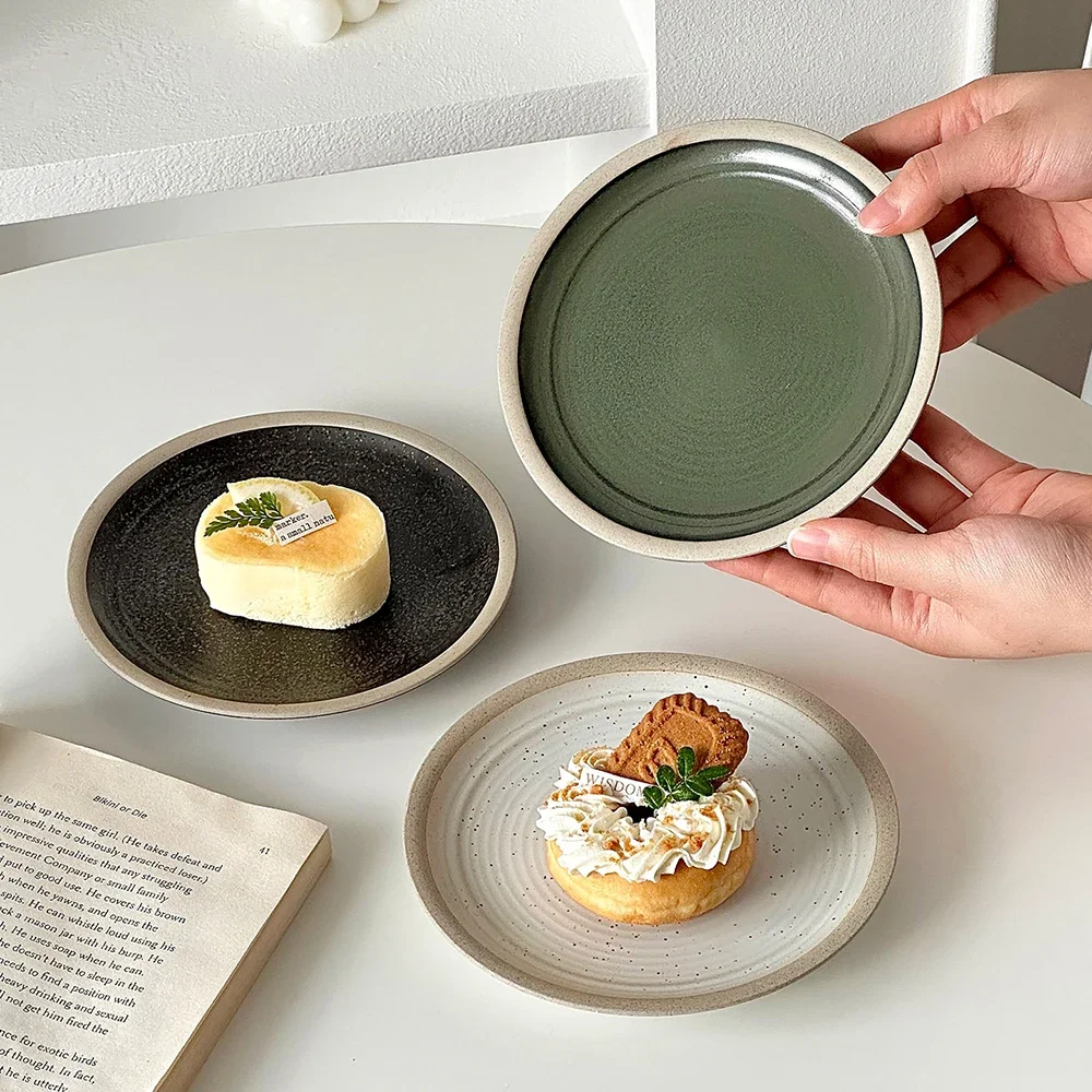 Vintage Ceramic Plate Japanese Style Contrast Color Round Flat Porcelain Household Dinnerware Cake Dessert Snacks Fruit Plates