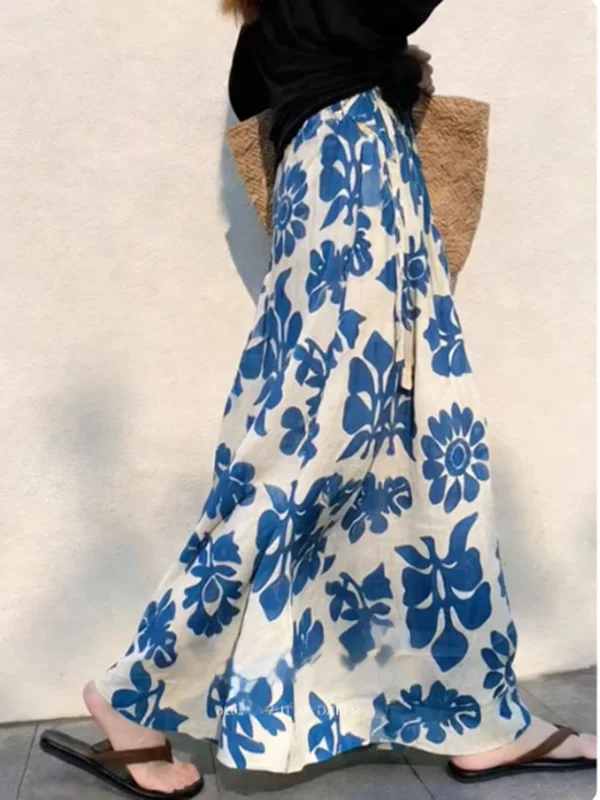 Beach Vacation Blue Print High Waist A-Line Midi Skirt Women's Loose Skirt Spring Summer Fashion Elegant Feeling