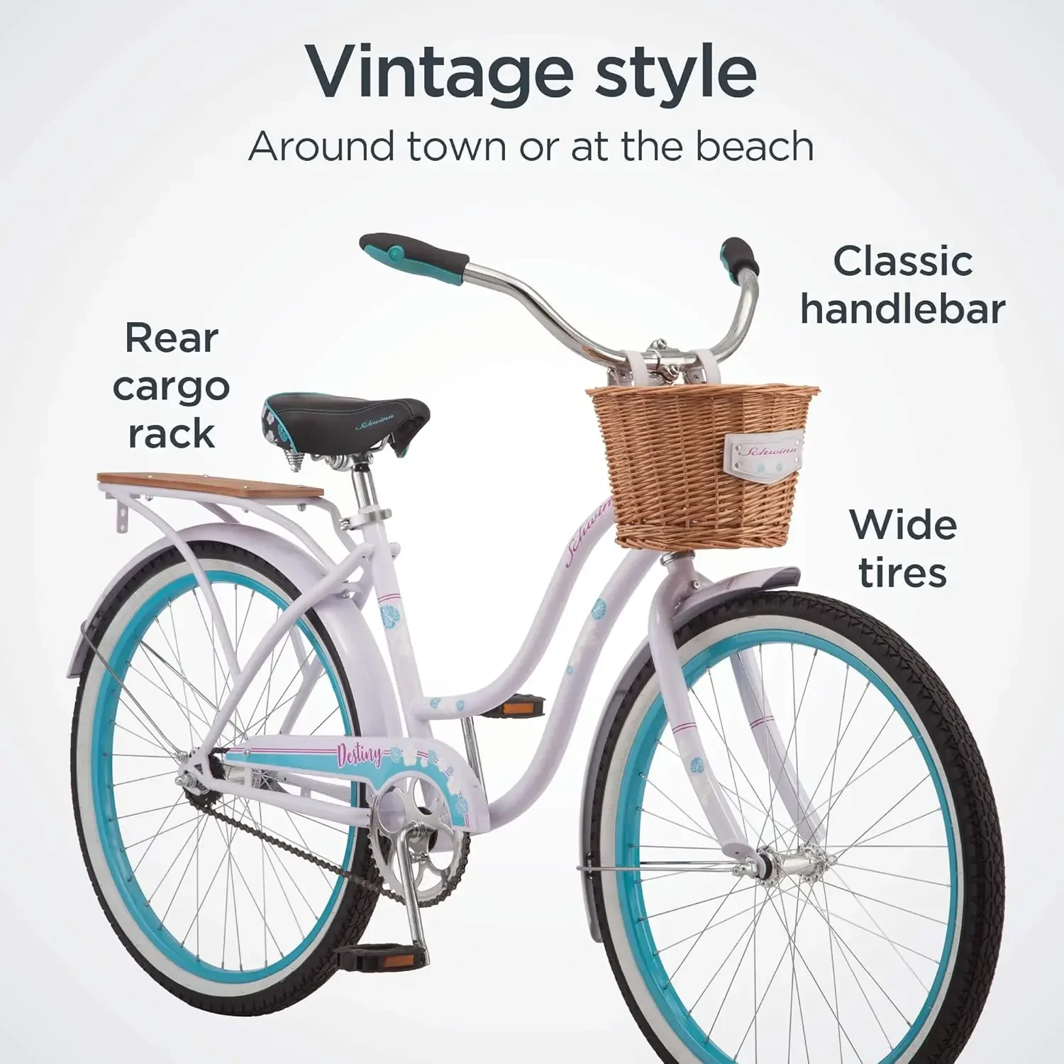 Destiny and Baywood Beach Cruiser Bike, for Adult Men Women Boys Girls Ages 8 and Up, Single Speed Drivetrain, Rear Rack