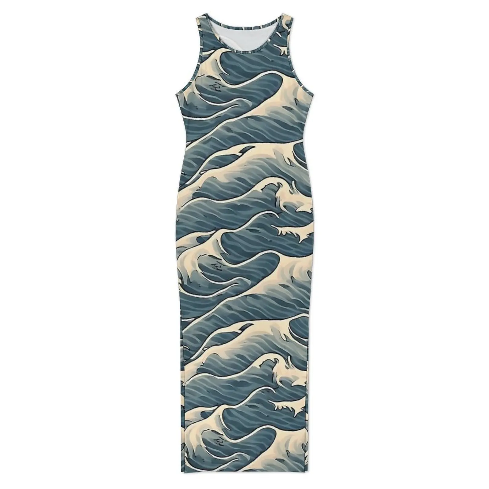 여성 바디콘 드레스 클럽 섹시 오션 블루 웨이브 프린트 맥시 드레스 봄 민소매 스트릿 패션 그래픽 드레스 큰 사이즈