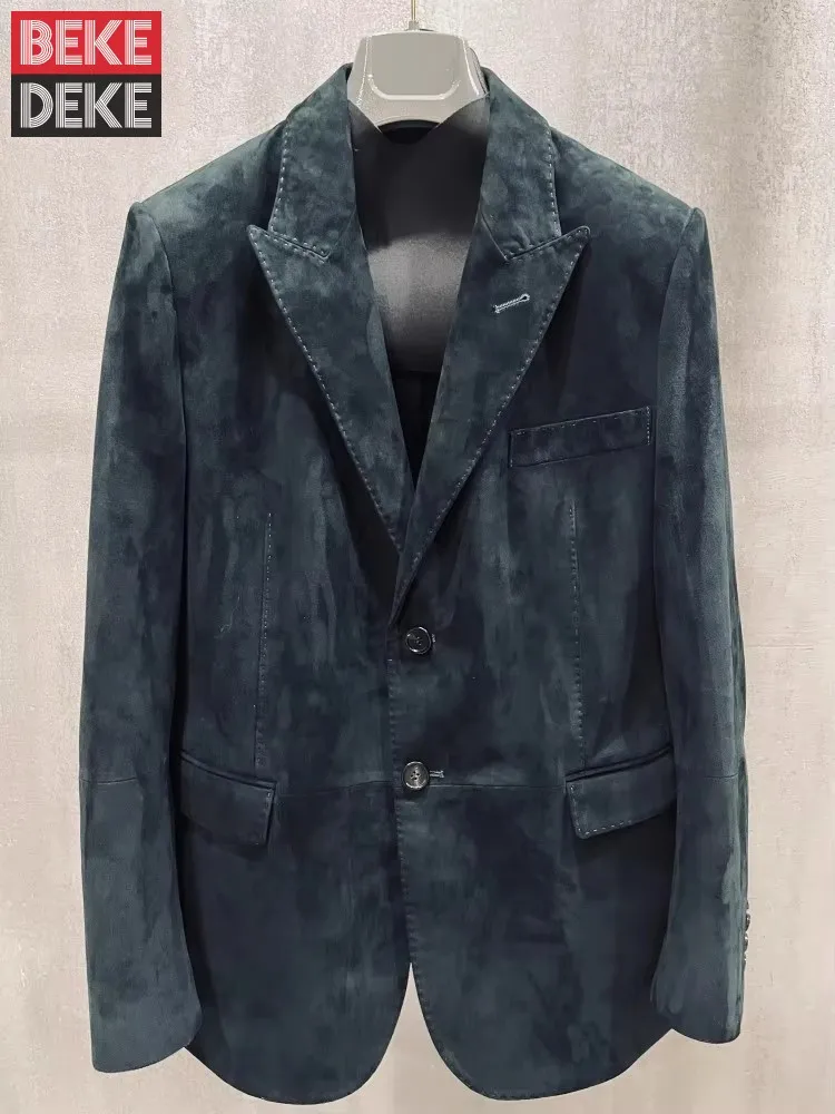 New Mens Genuine Leather Jacket Business Casual Single Breasted Vintage Elegant Office Italian Style Sheep Suede Blazers Coat