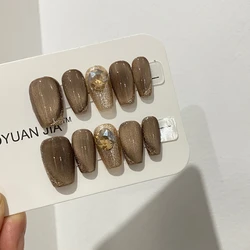 Glitter Ballerina Press on Nails Reflective Handmade Fake Nails with Diamond Bright Champagne False Nails Beauty Fingernail Tips