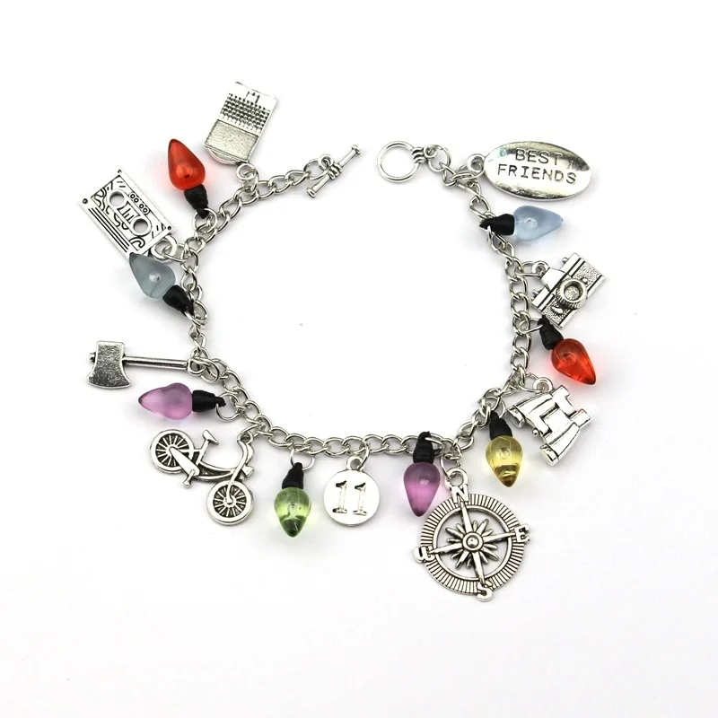 TV Stranger Things Charm Bracelet Axe Bicycle Camera Telescope Compass Crystal Beads Bangle Fashion Jewelry Wristband Ornament