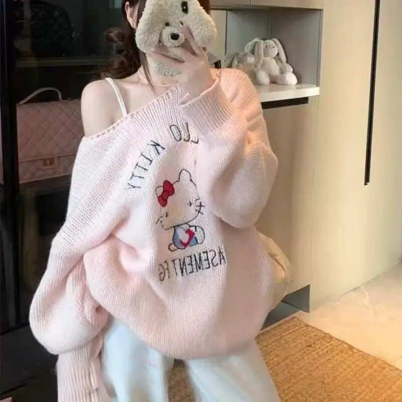 لطيف الحلو مرحبا كيتي سترة المرأة خارج الكتف طويلة الأكمام سترة الربيع والخريف لينة الراحة البلوز القمم تريكو #2