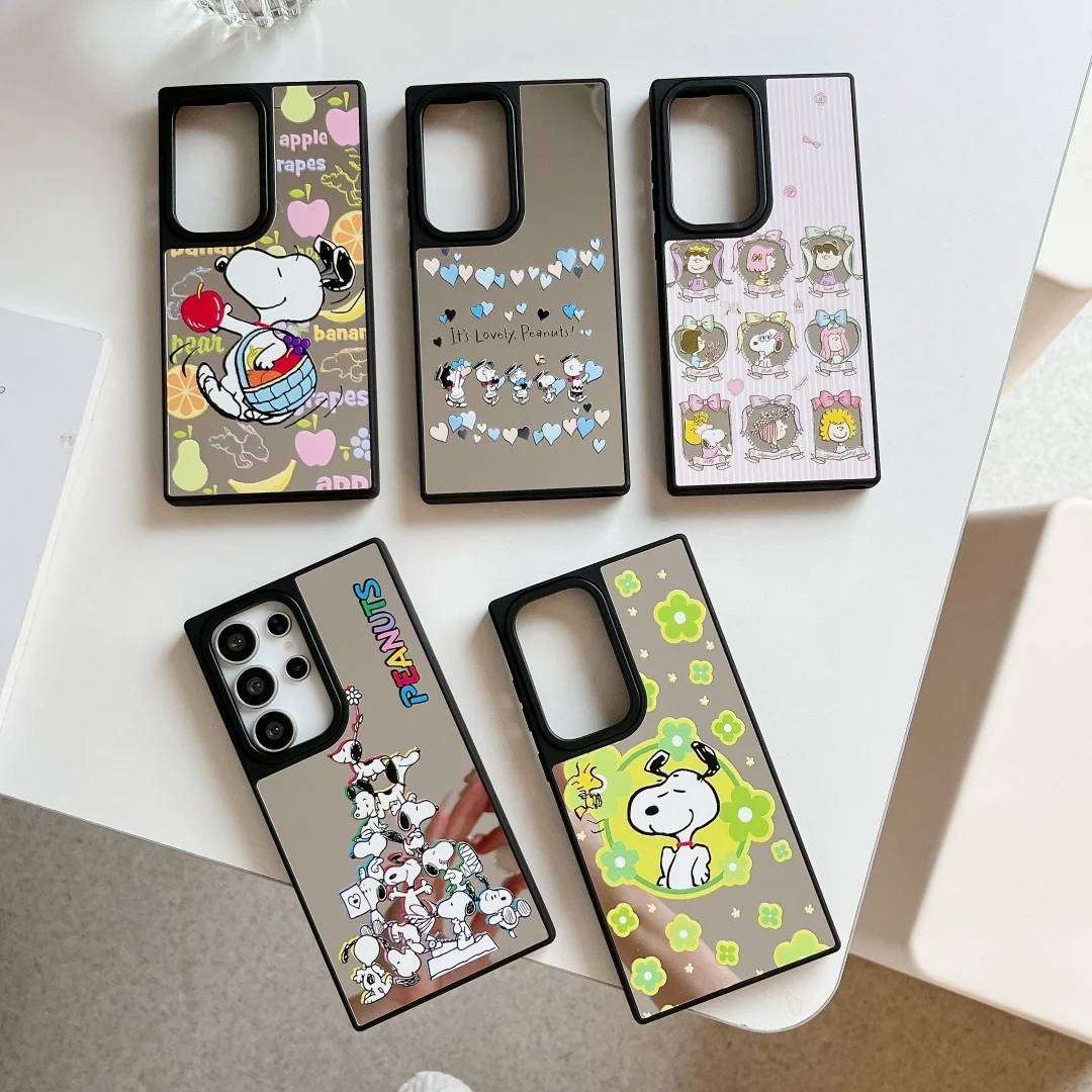 Luxo dos desenhos animados anime snoopy espelho caso de telefone para samsung galaxy s22 ultra s24 s25 s23 plus à prova de choque pára-choques capa traseira