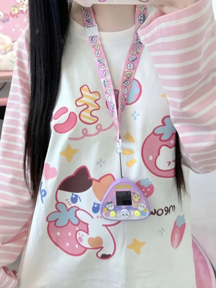 Houzhou y2k harajuku cuteore t camisas femininas estilo japonês doce listrado retalhos impressão dos desenhos animados solto moletom macio menina